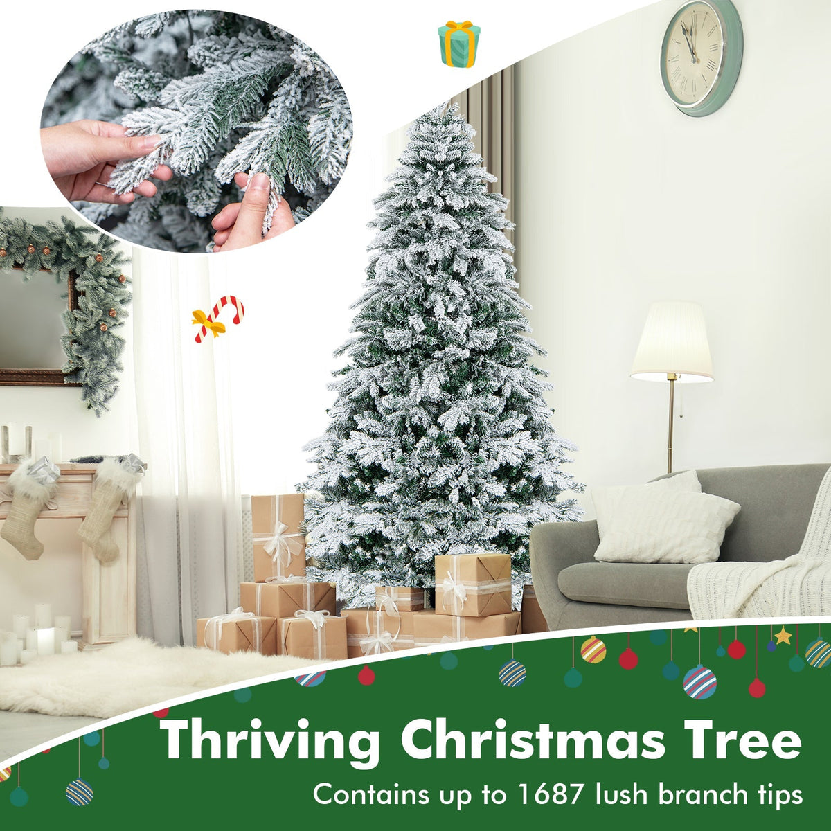 4.5/6/7 Feet Flocked Christmas Tree with Warm White LED Lights