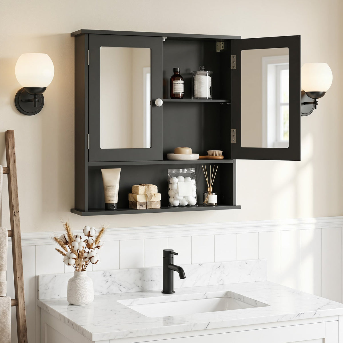 Double Door Wall-Mounted Bathroom Mirror Cabinet with Storage Shelf