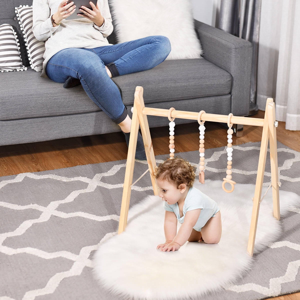 Portable 3 Wooden Newborn Baby Exercise Activity Gym Teething Toys Hanging Bar