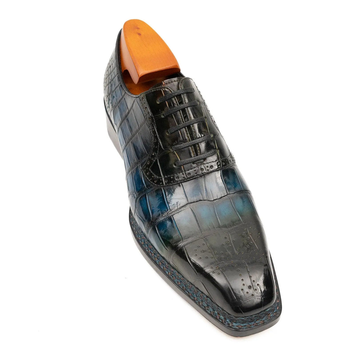 Blue-Black Crocodile Leather Derby Shoes