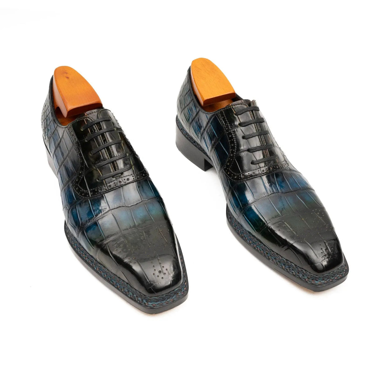 Blue-Black Crocodile Leather Derby Shoes