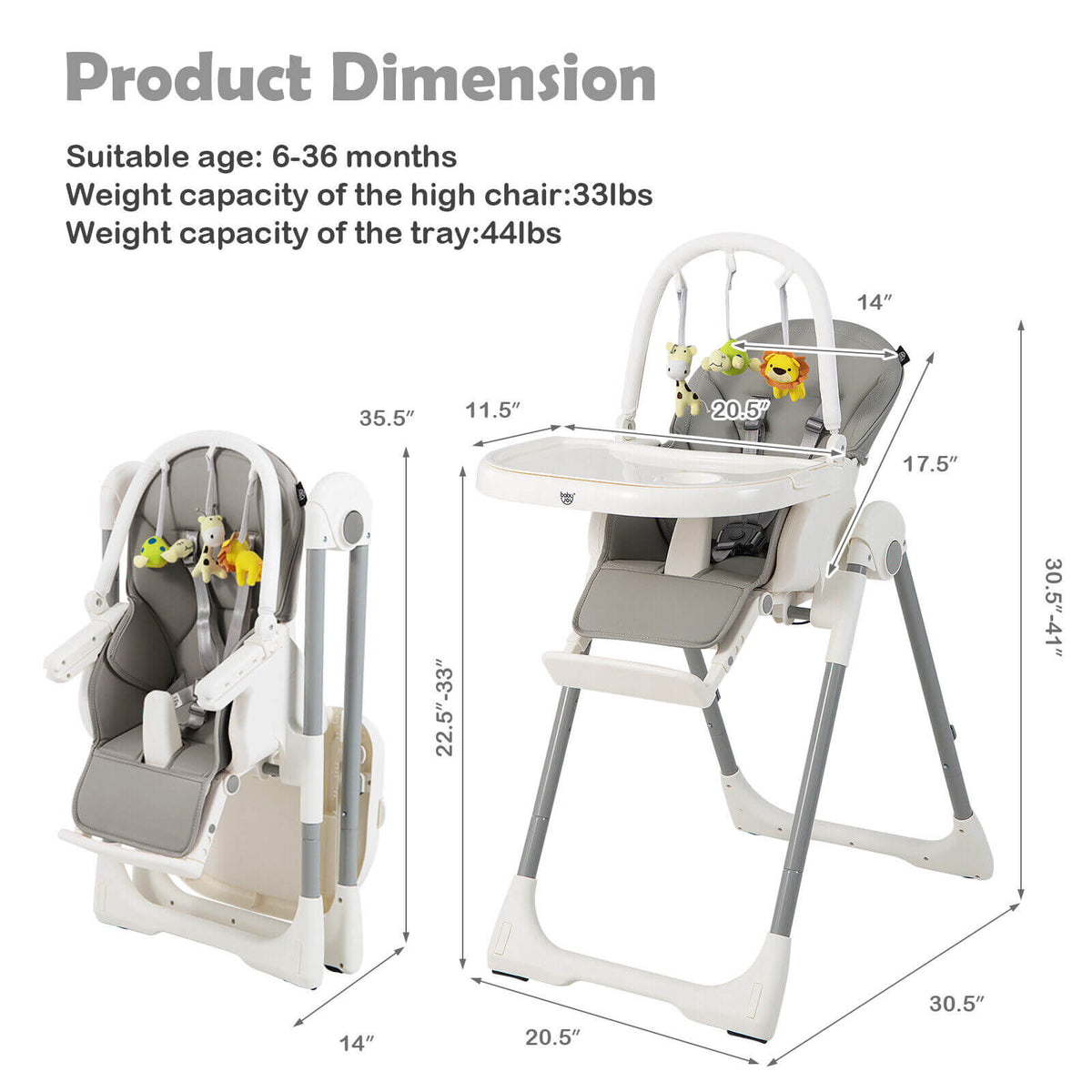 4-in-1 Foldable Baby High Chair with 7 Adjustable Heights and Free Toys Bar