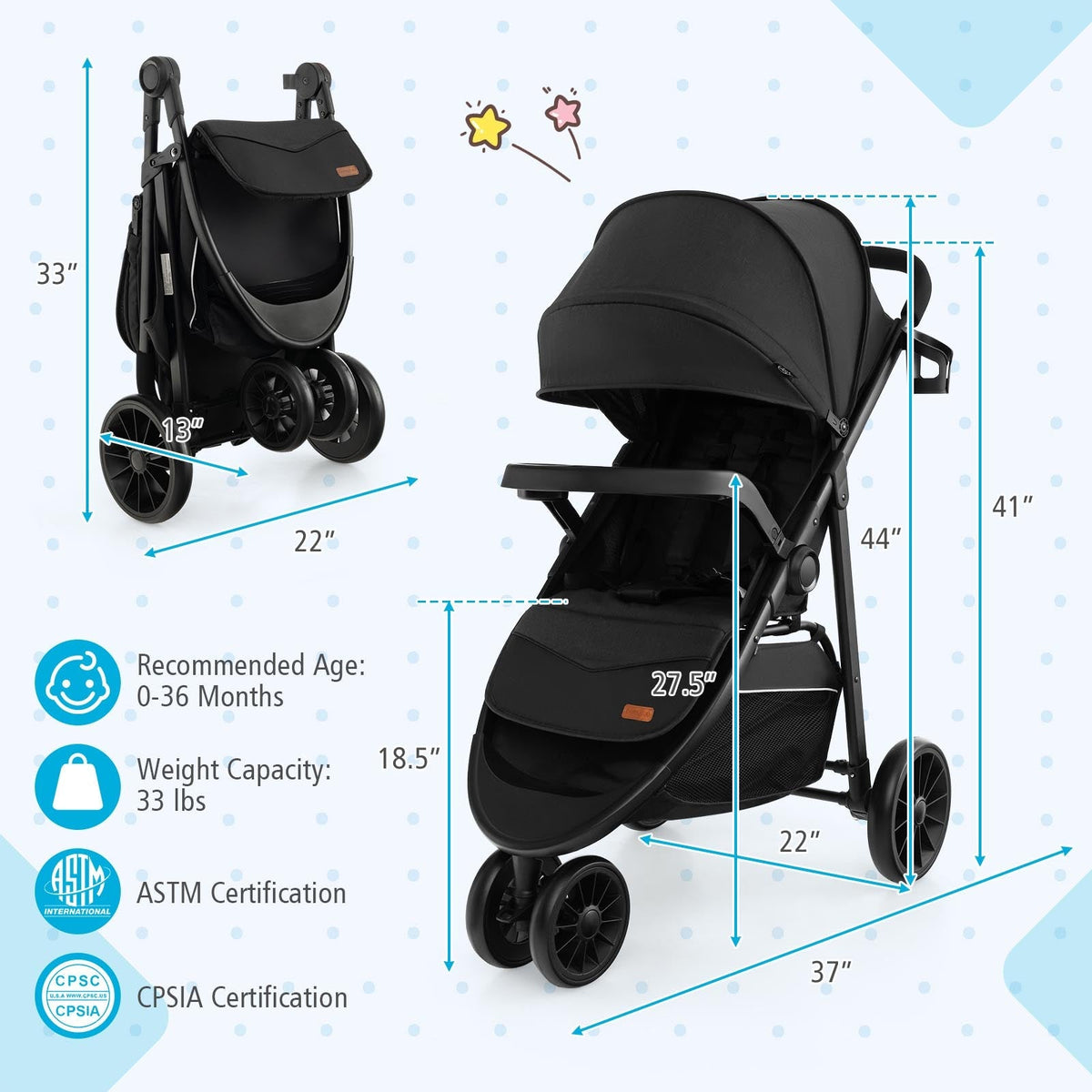 Baby Jogging Stroller with Adjustable Canopy for Newborn