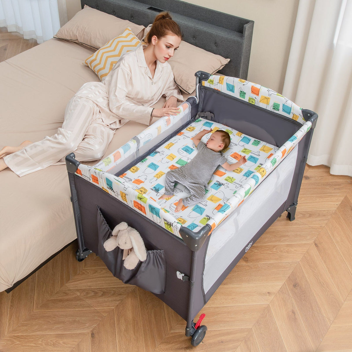 Centro de guardería 5 en 1 para bebés, cuna plegable para cama de bebé con caja de música
