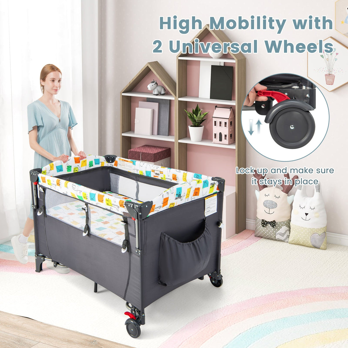 5-in-1 Baby Nursery Center Foldable Toddler Bedside Crib with Music Box-Gray