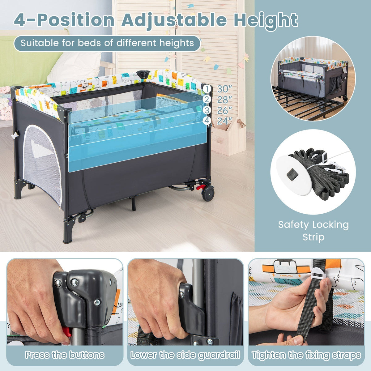 Centro de guardería 5 en 1 para bebés, cuna plegable para cama de bebé con caja de música