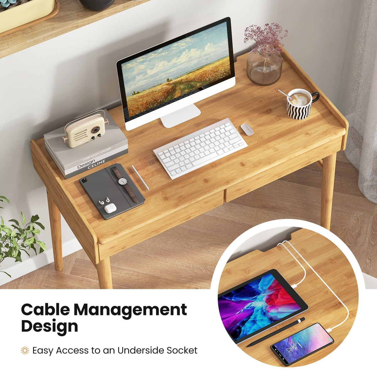 Bamboo Writing Desk with 2 Storage Drawers and Open Shelf