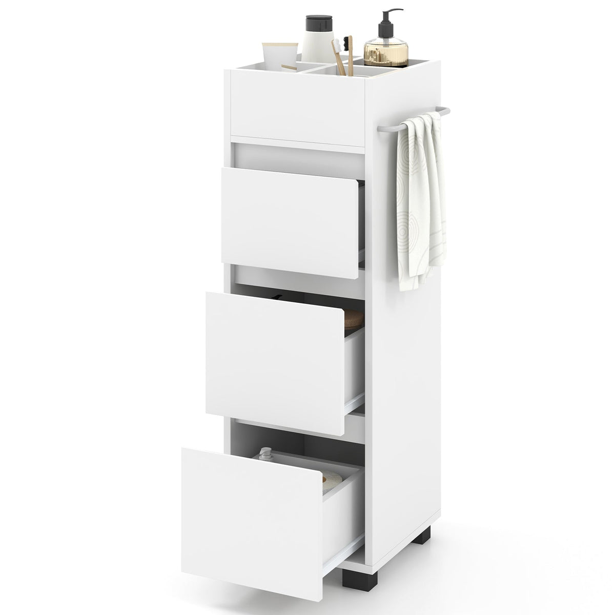 Bathroom Floor Cabinet with 3 Drawers 4 Top Dividers and 1 Towel Rack-White