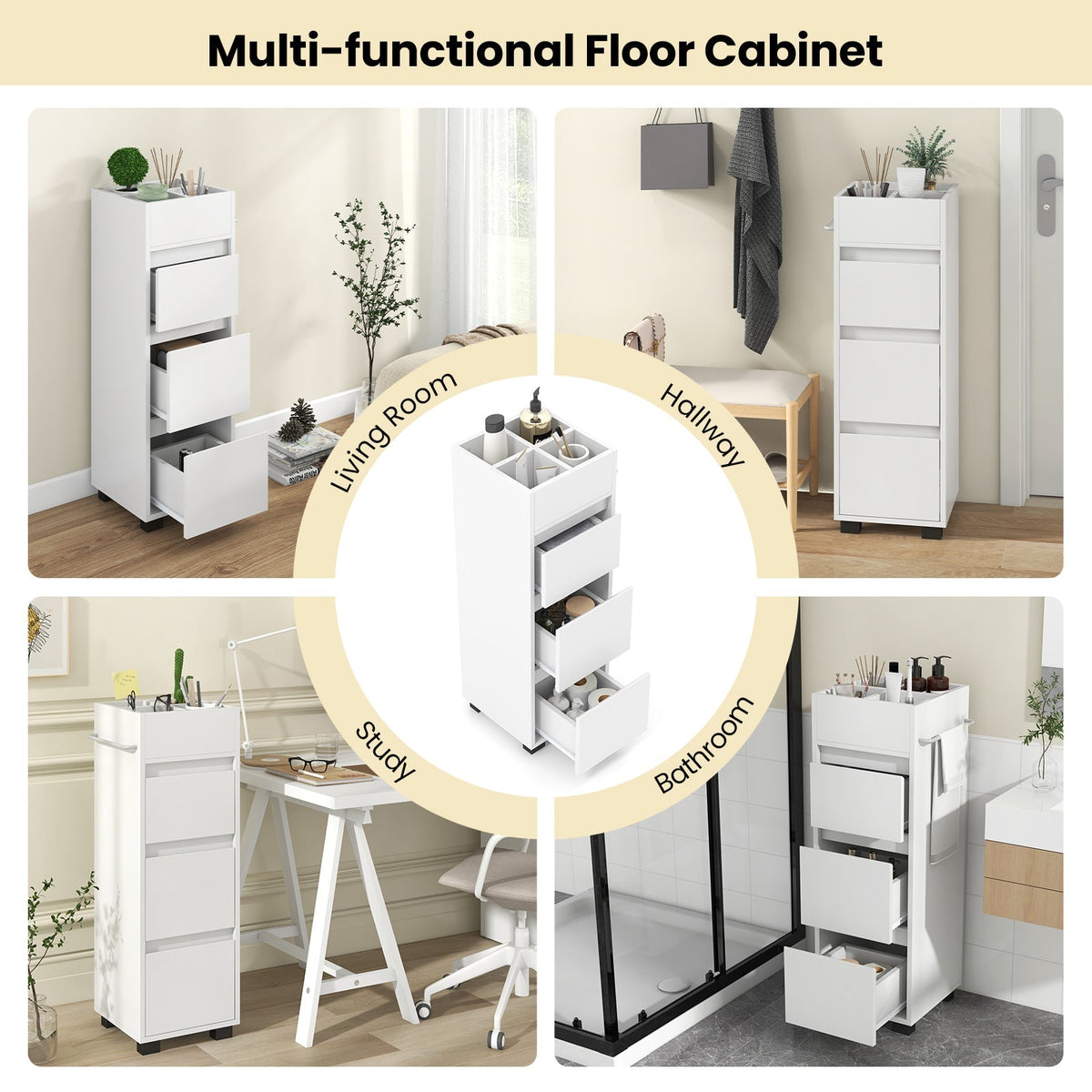 Bathroom Floor Cabinet with 3 Drawers 4 Top Dividers and 1 Towel Rack-White