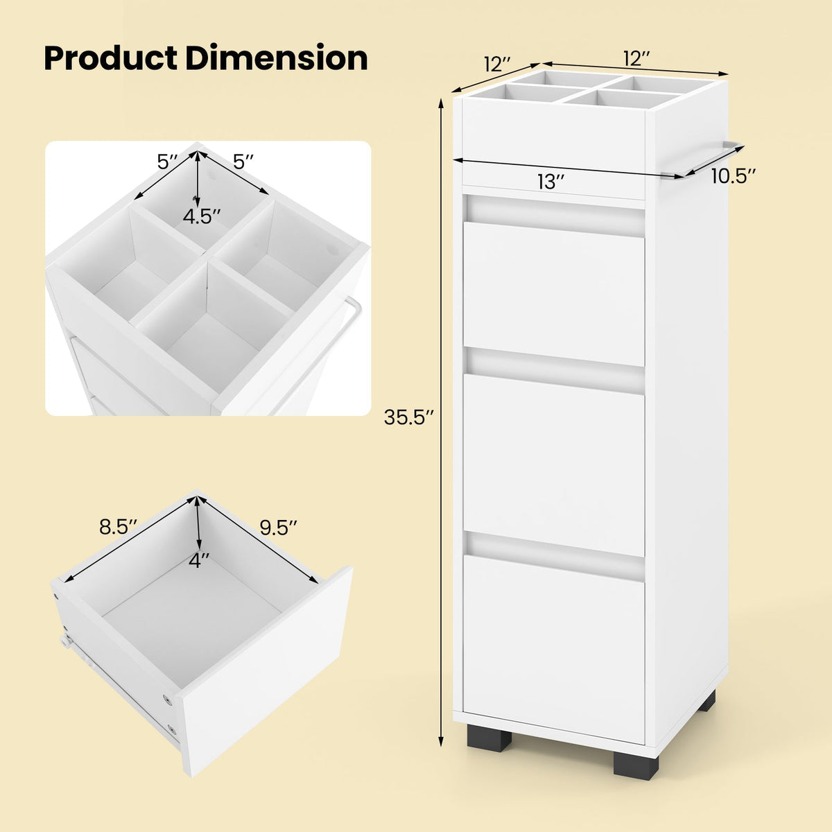 Bathroom Floor Cabinet with 3 Drawers 4 Top Dividers and 1 Towel Rack-White