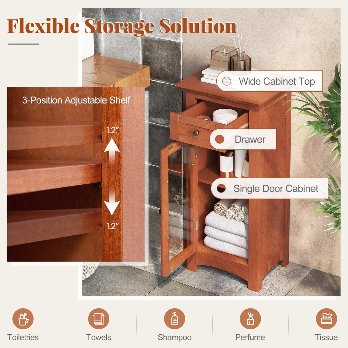 Bathroom Freestanding Storage Cabinet with Single Glass Door