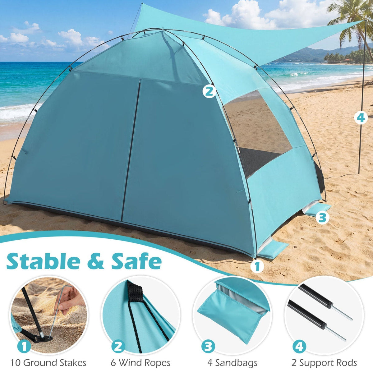 Beach Tent Sun Shelter with Canopy Pop-Up Easy Setup UPF50+ Sun Protection