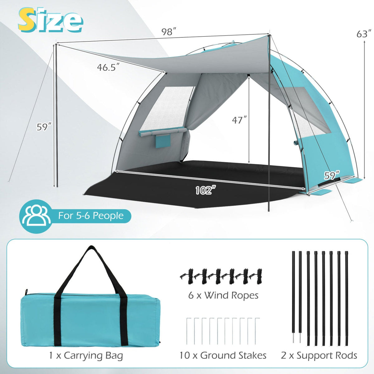Beach Tent Sun Shelter with Canopy Pop-Up Easy Setup UPF50+ Sun Protection