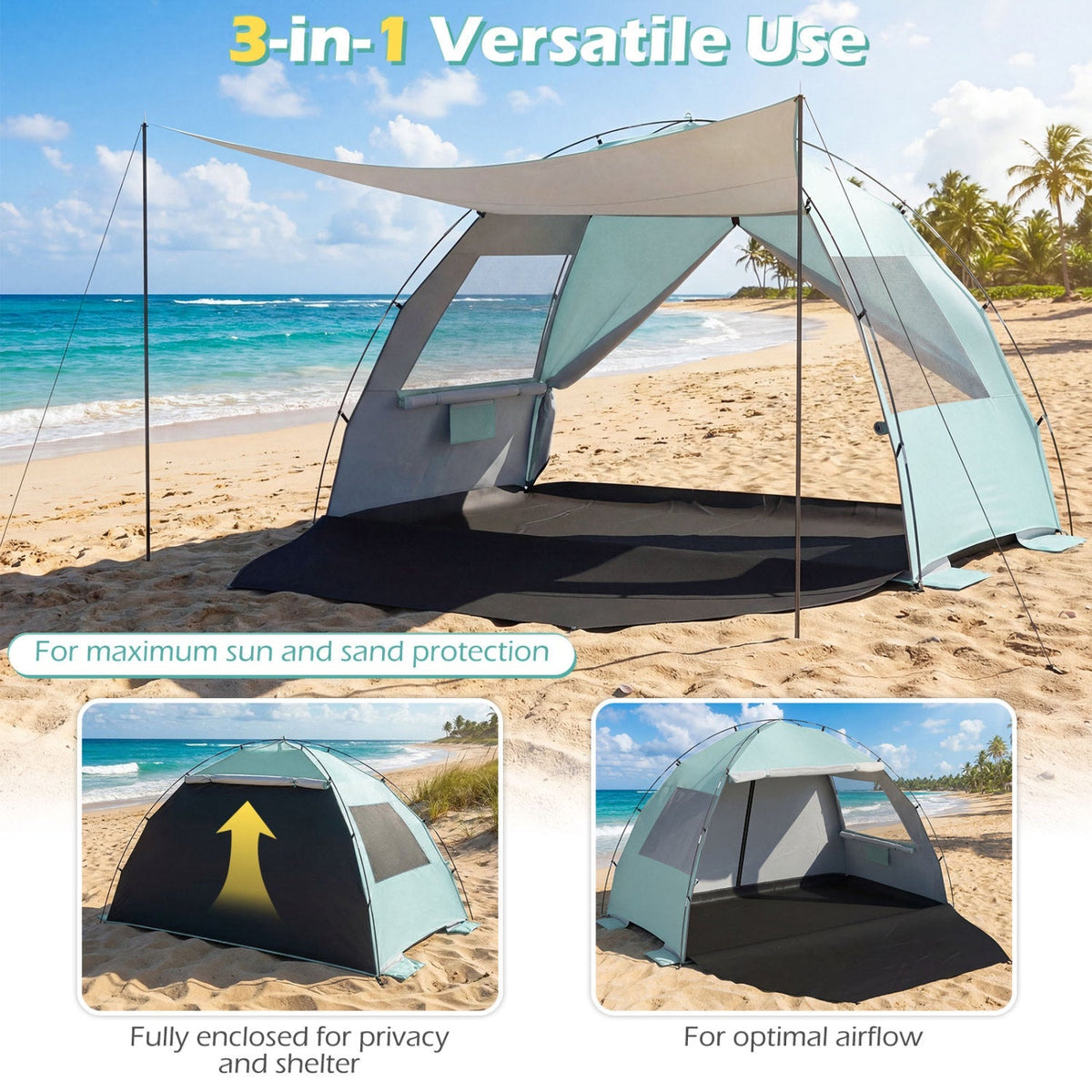 Beach Tent Sun Shelter with Canopy Pop-Up Easy Setup UPF50+ Sun Protection