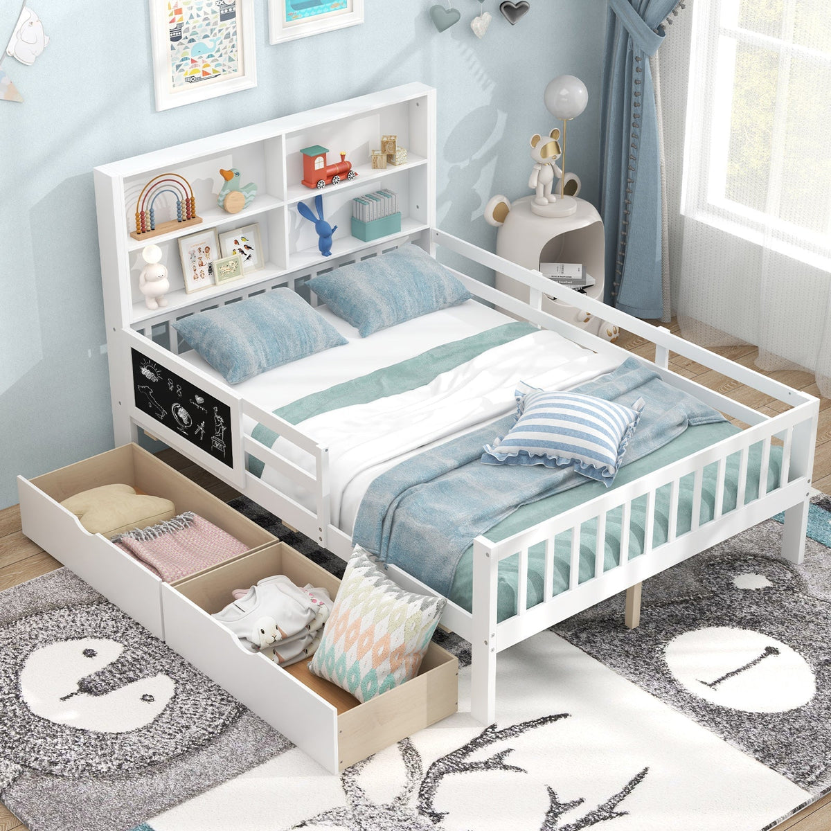 Twin/Full Size Bed Frame with 2 Drawers and Bookcase for Boys and Girls