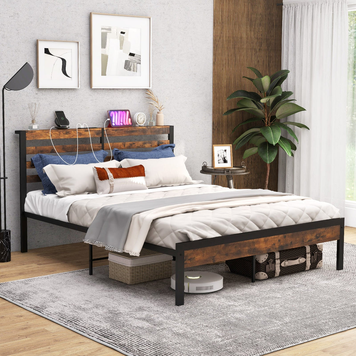 Full/Queen Size Bed Frame with Charging Station and Storage Headboard