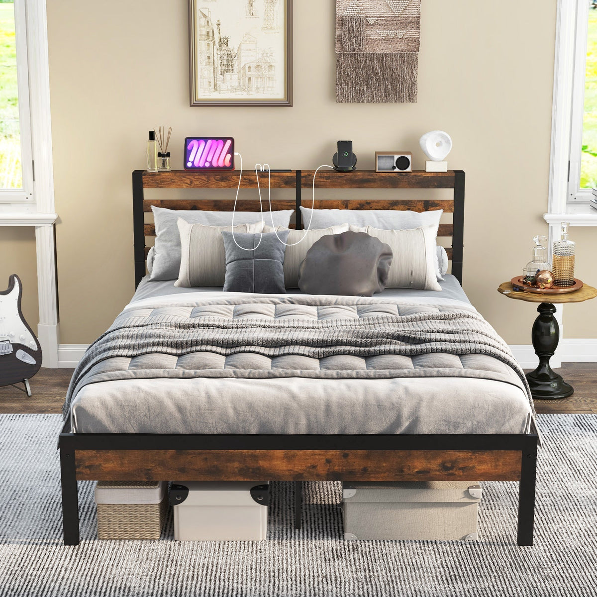 Full/Queen Size Bed Frame with Charging Station and Storage Headboard