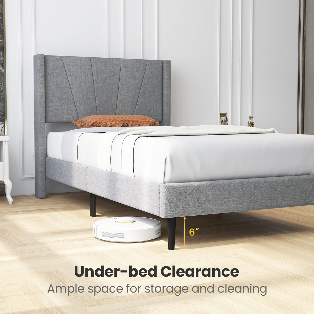 Twin/Queen Bed Frame with Linen Upholstered Wingback Headboard