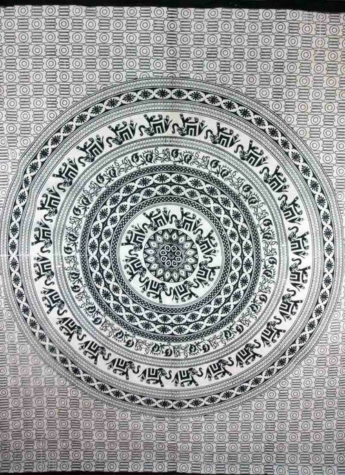 Beige Black Elephant Mandala Tapestry For Bedroom Decor