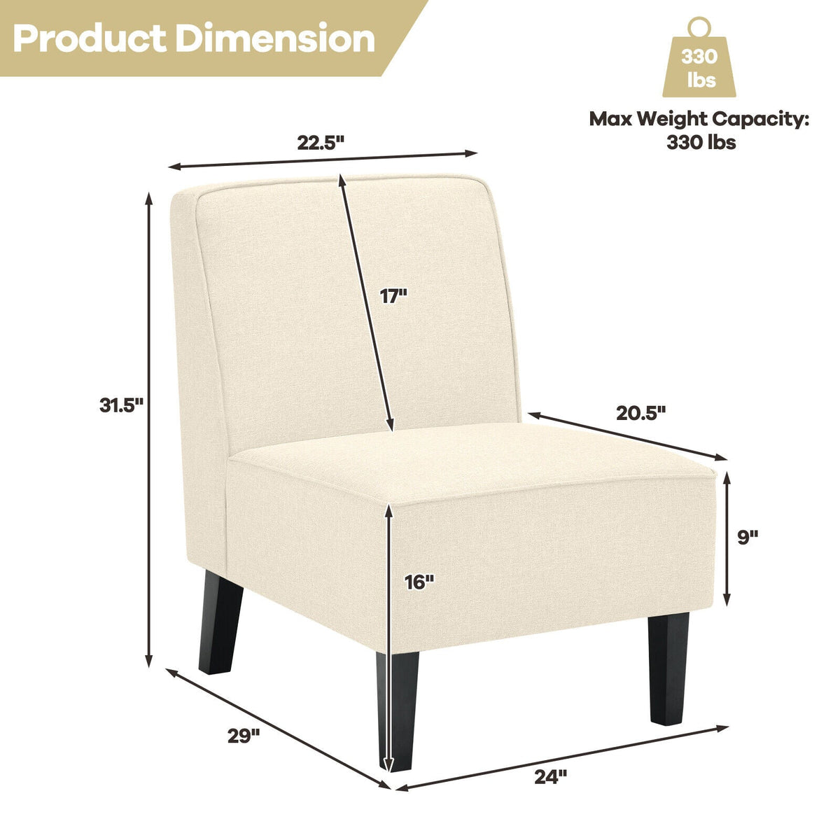 Modern Armless Accent Sofa Chair with Rubber Wood Legs