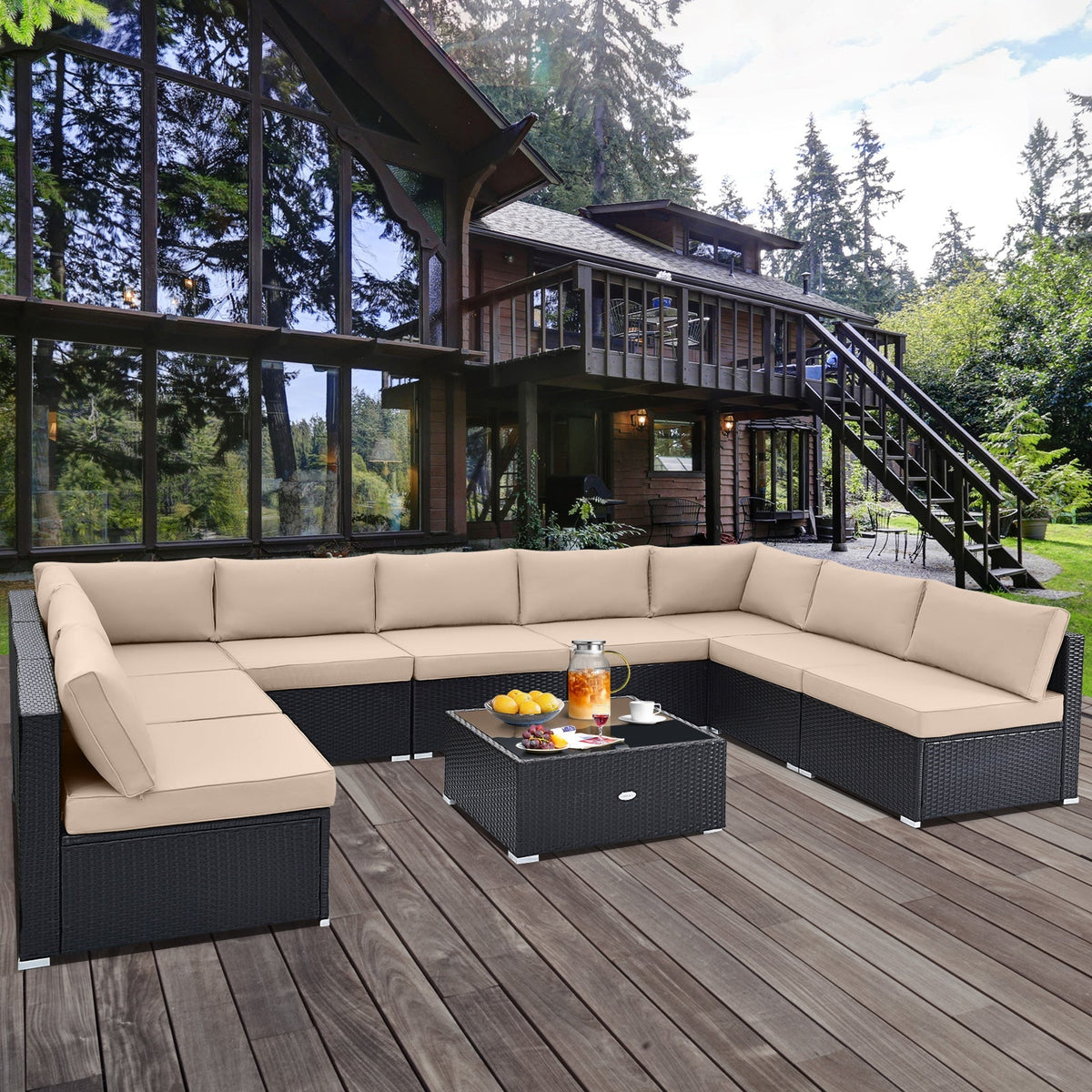 10 Piece Outdoor Wicker Conversation Set with Seat and Back Cushions