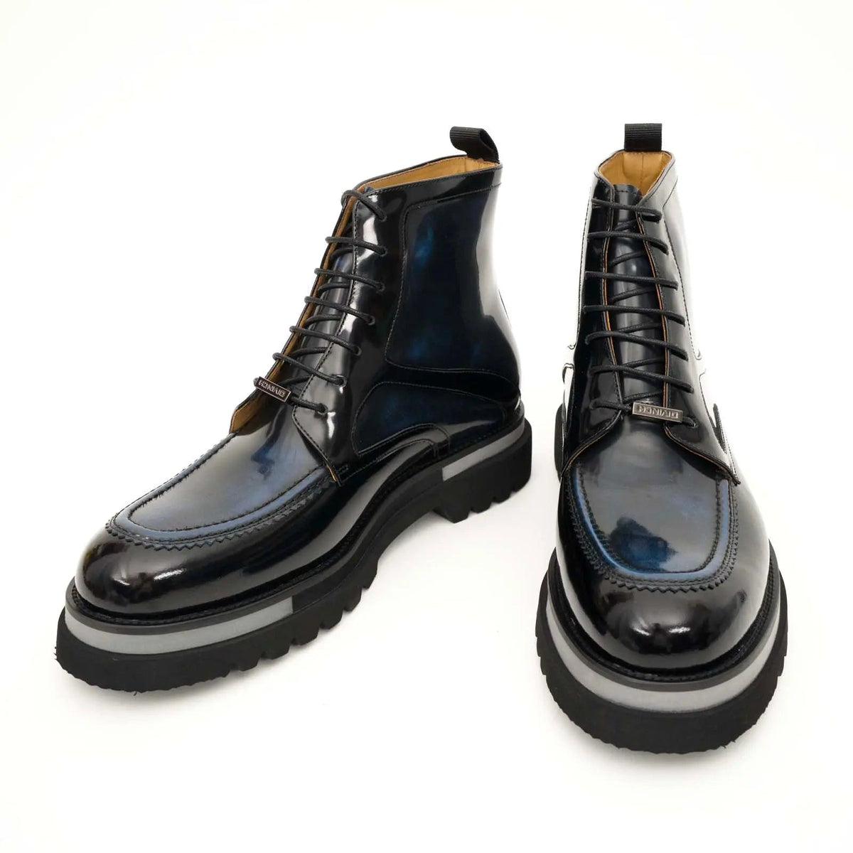 Blue-Black Apron-Toe Leather Lace-Up Boots