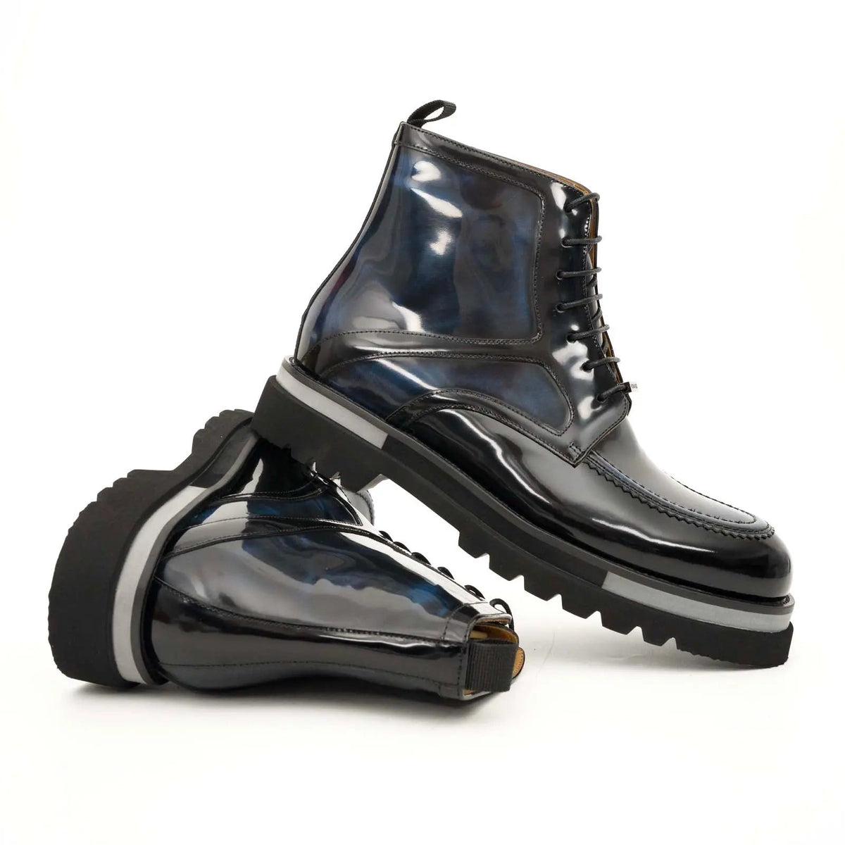 Blue-Black Apron-Toe Leather Lace-Up Boots