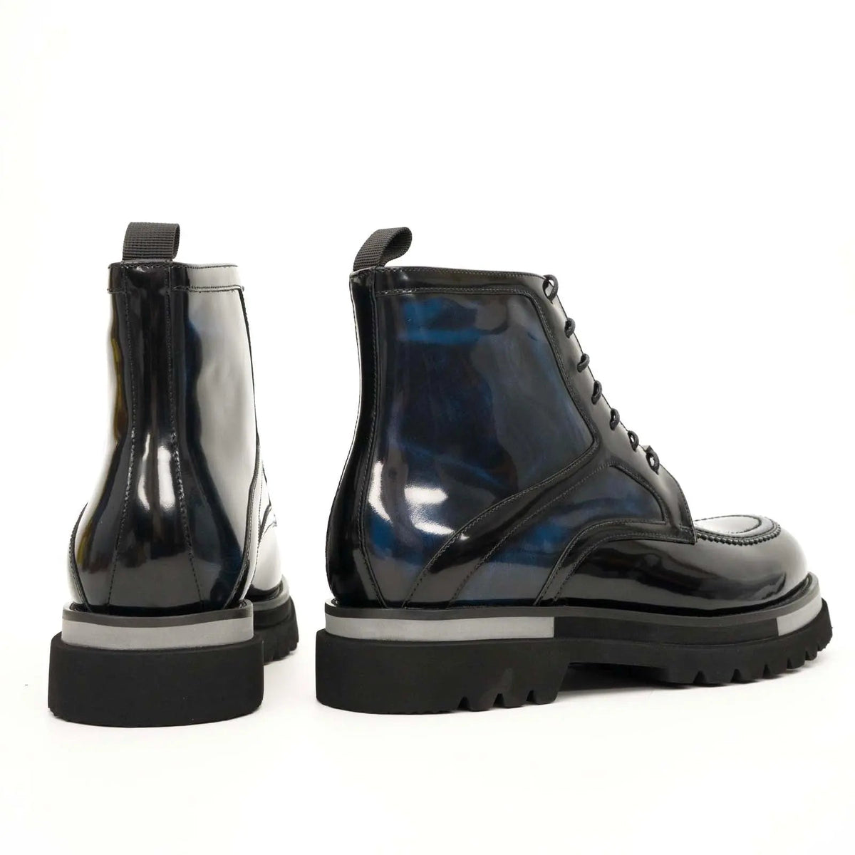 Blue-Black Apron-Toe Leather Lace-Up Boots