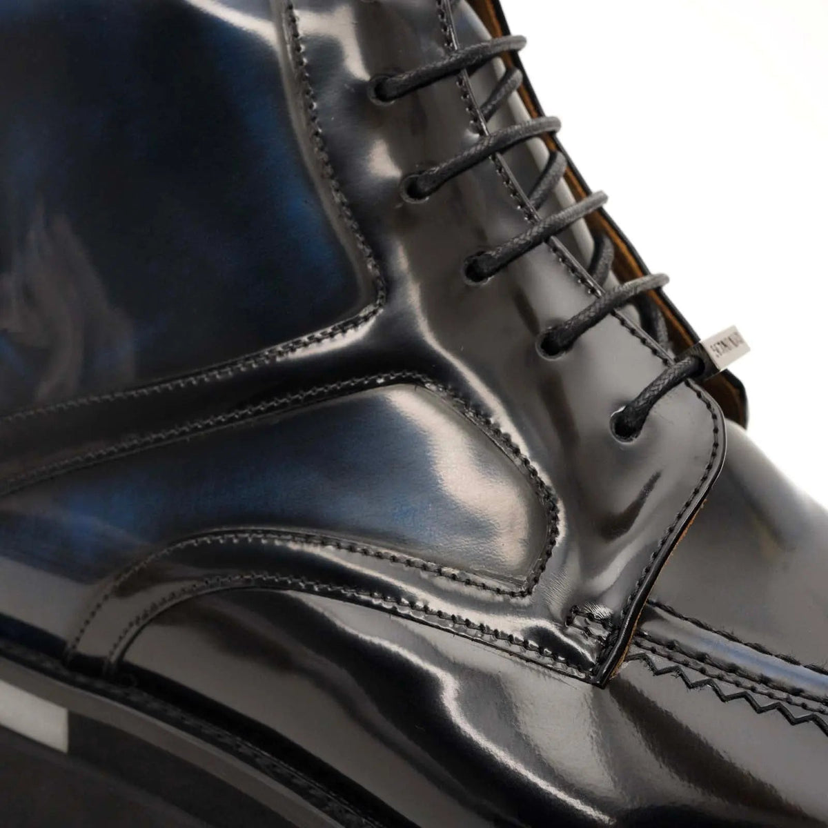 Blue-Black Apron-Toe Leather Lace-Up Boots