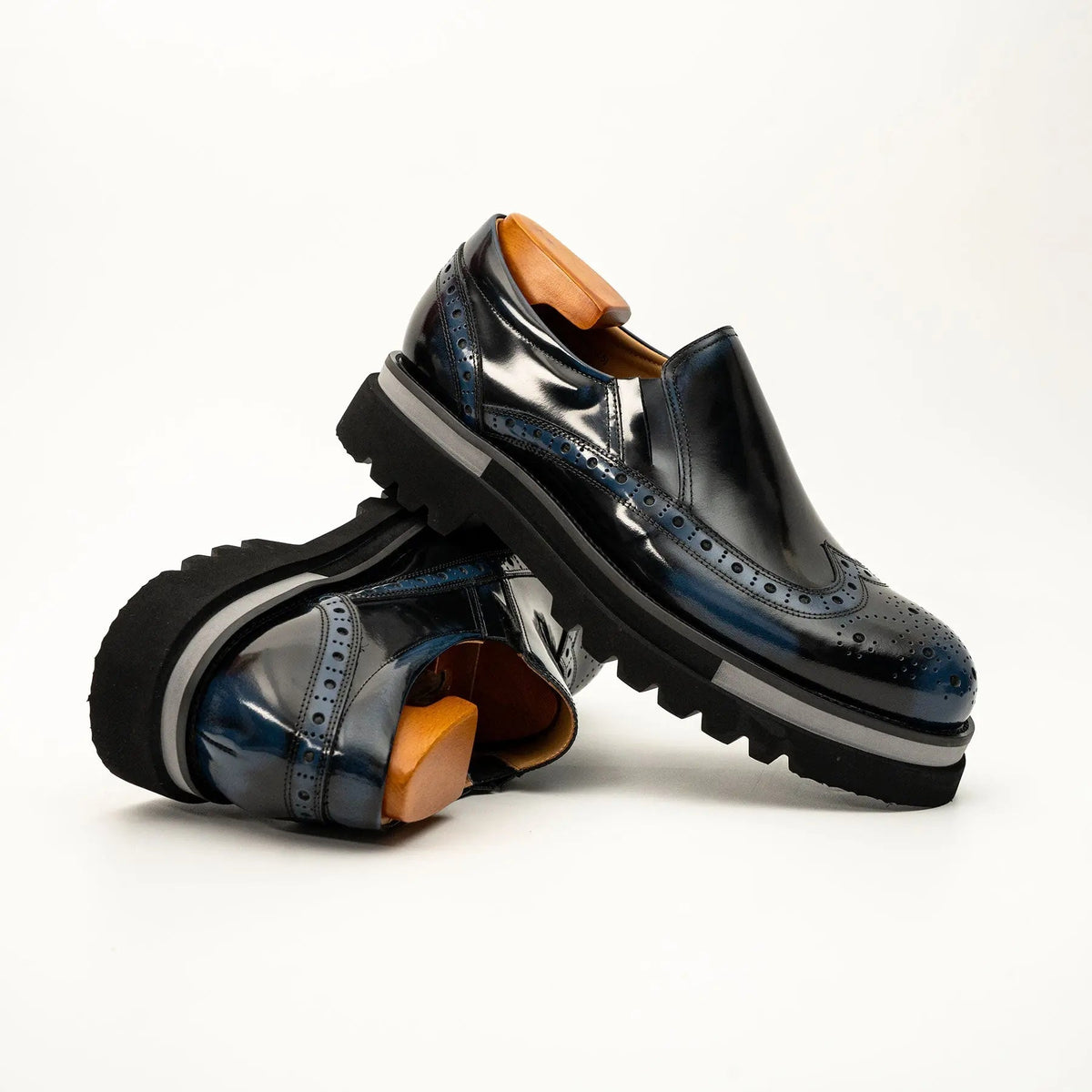 Blue-Black Wingtip Brogue Slip-On Shoes