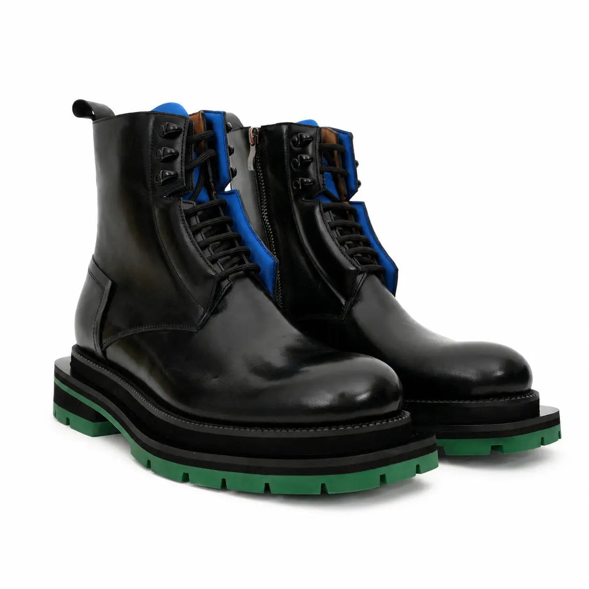 Black Leather Lace-Up Boots with Blue and Green Accents