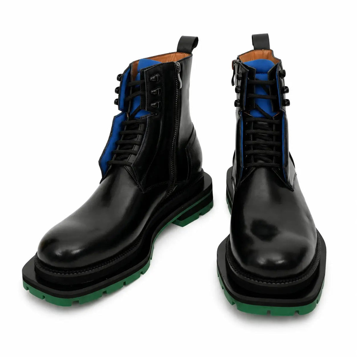 Black Leather Lace-Up Boots with Blue and Green Accents