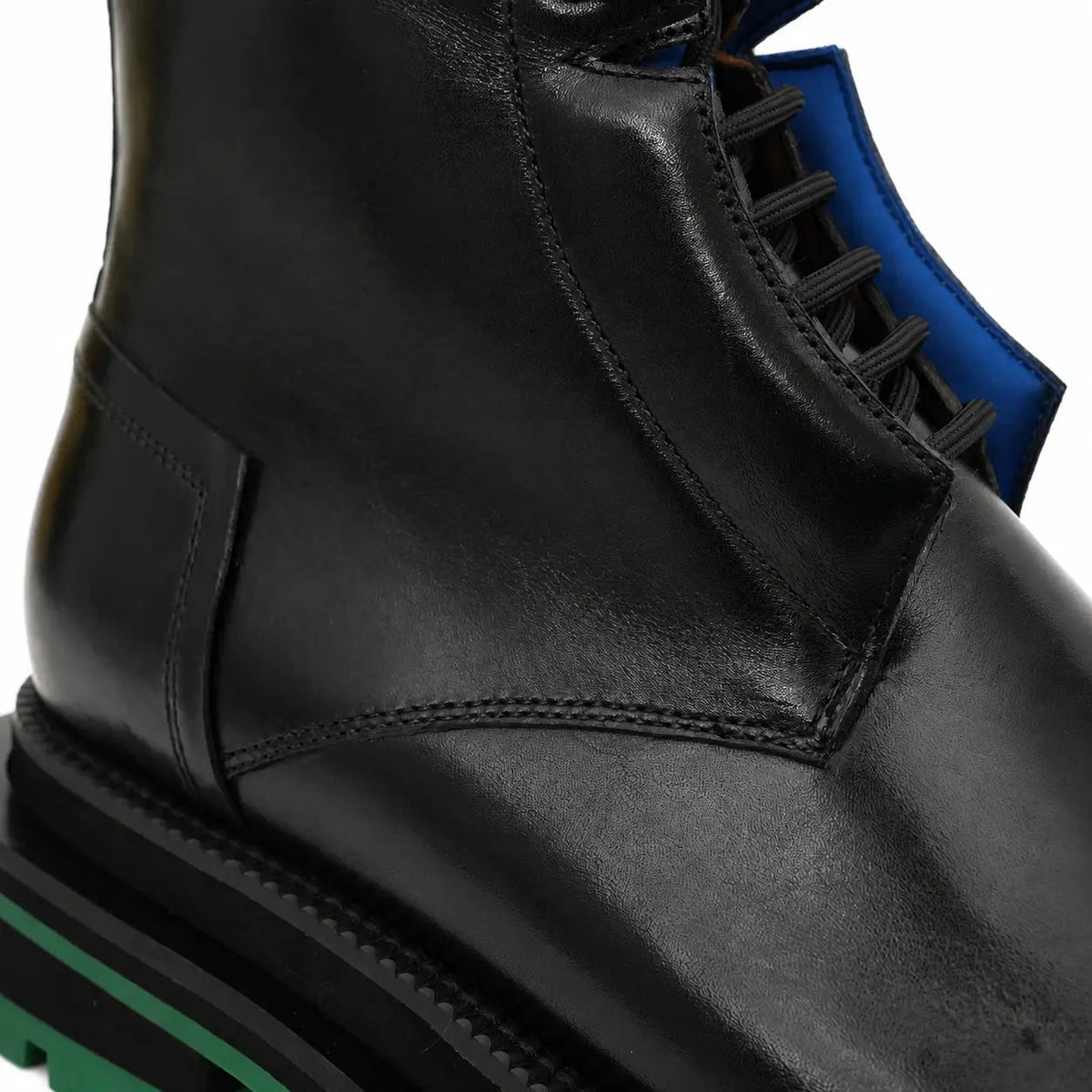 Black Leather Lace-Up Boots with Blue and Green Accents