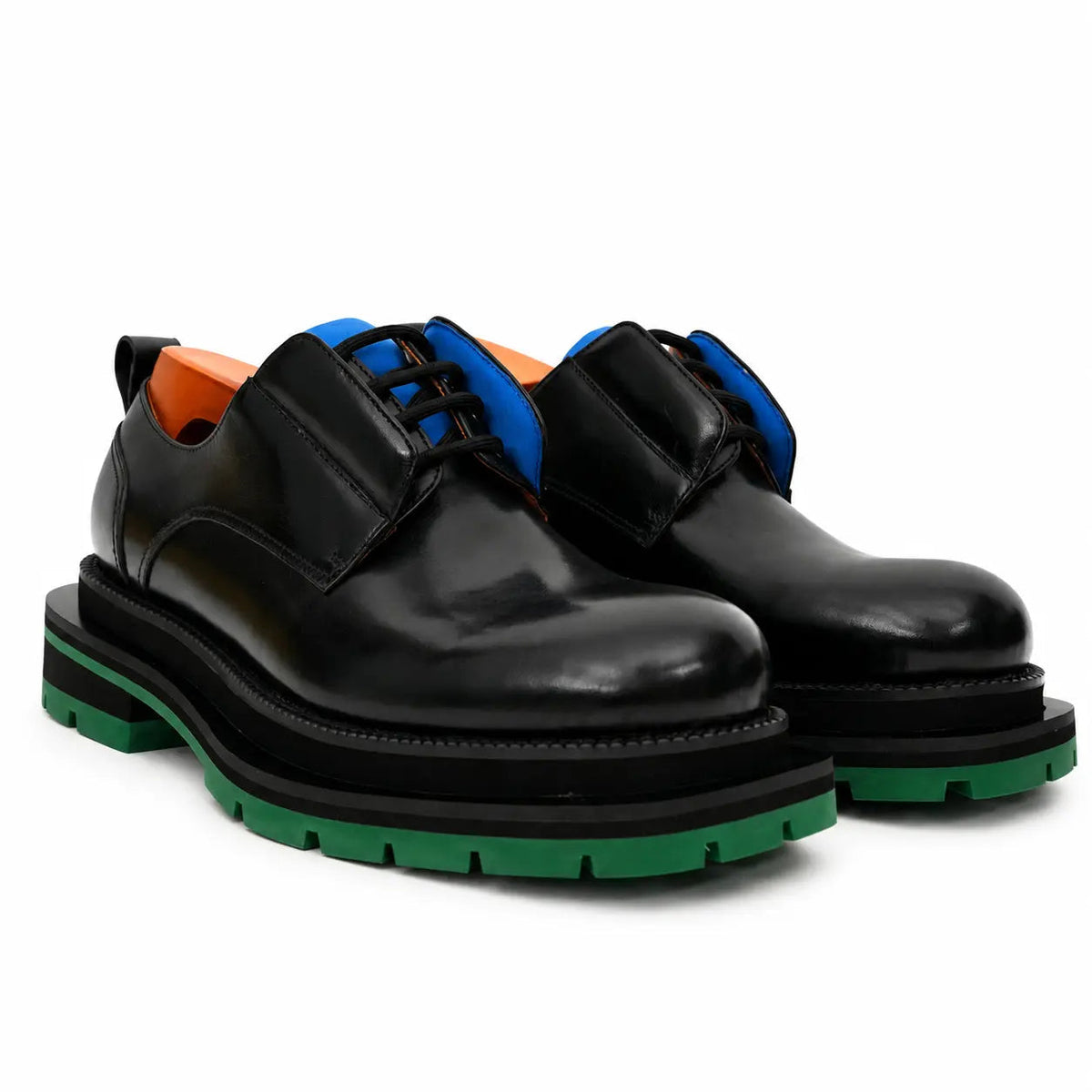 Black Leather Derby Shoes with Blue and Green Accents