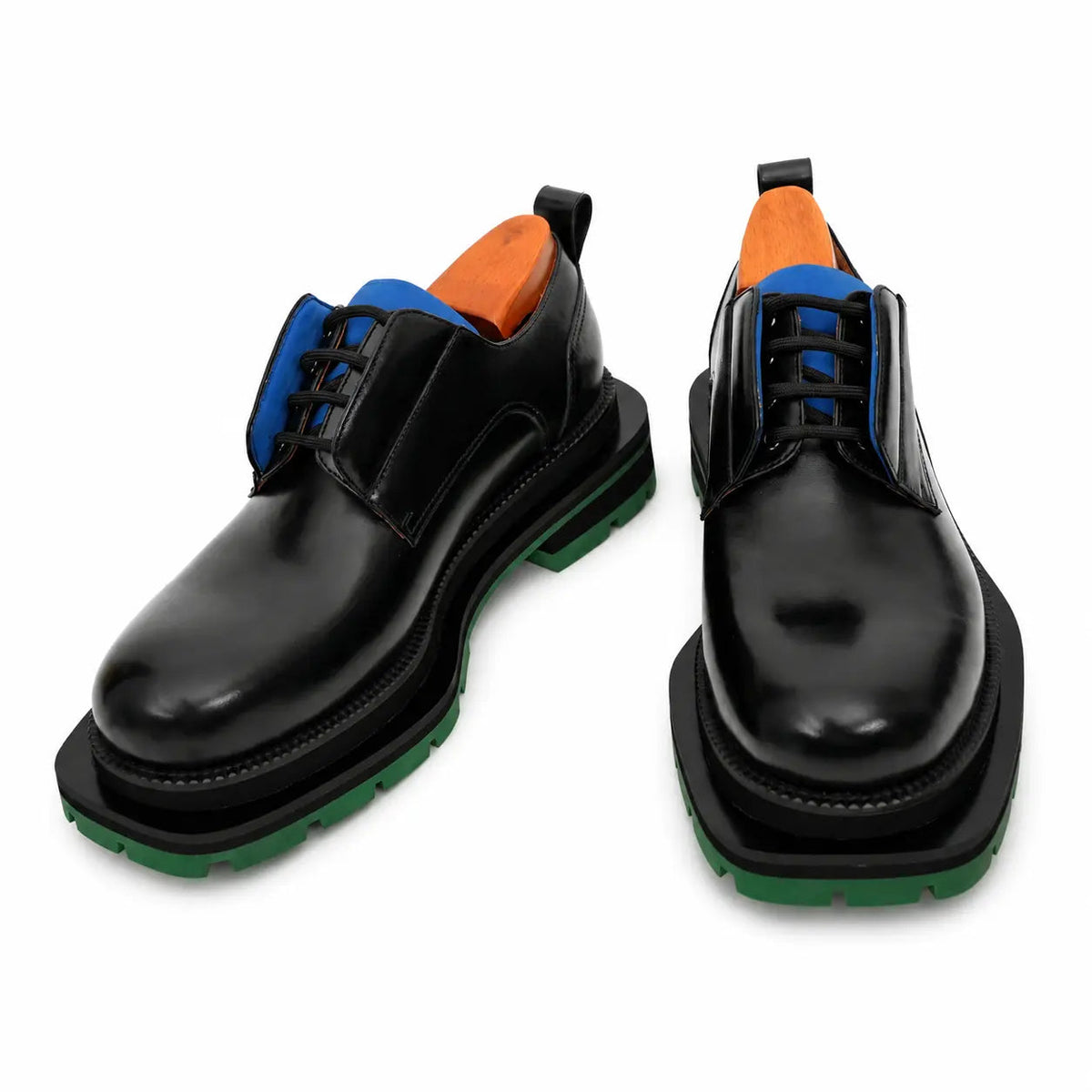 Black Leather Derby Shoes with Blue and Green Accents