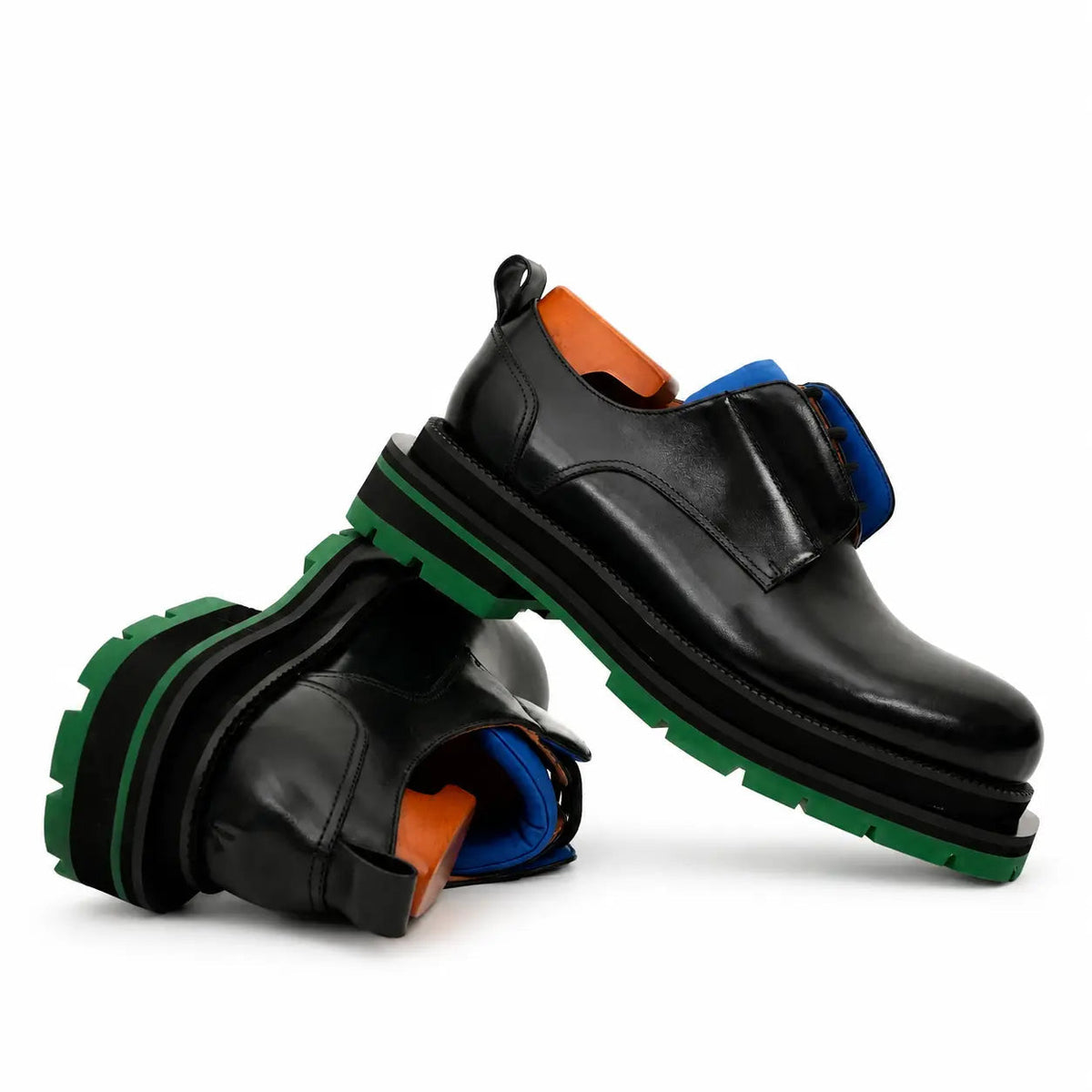 Black Leather Derby Shoes with Blue and Green Accents