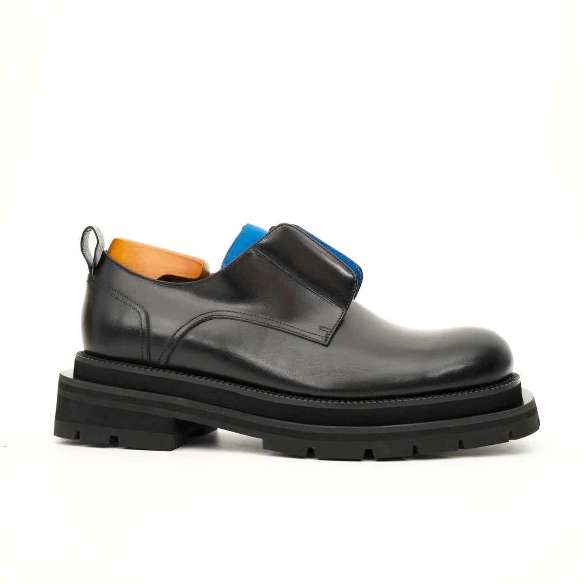 Black Leather Derby Shoes with Blue Lace Detail