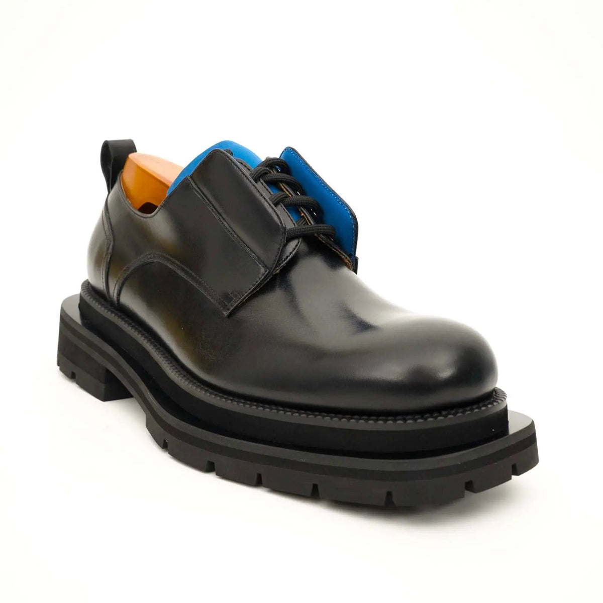 Black Leather Derby Shoes with Blue Lace Detail
