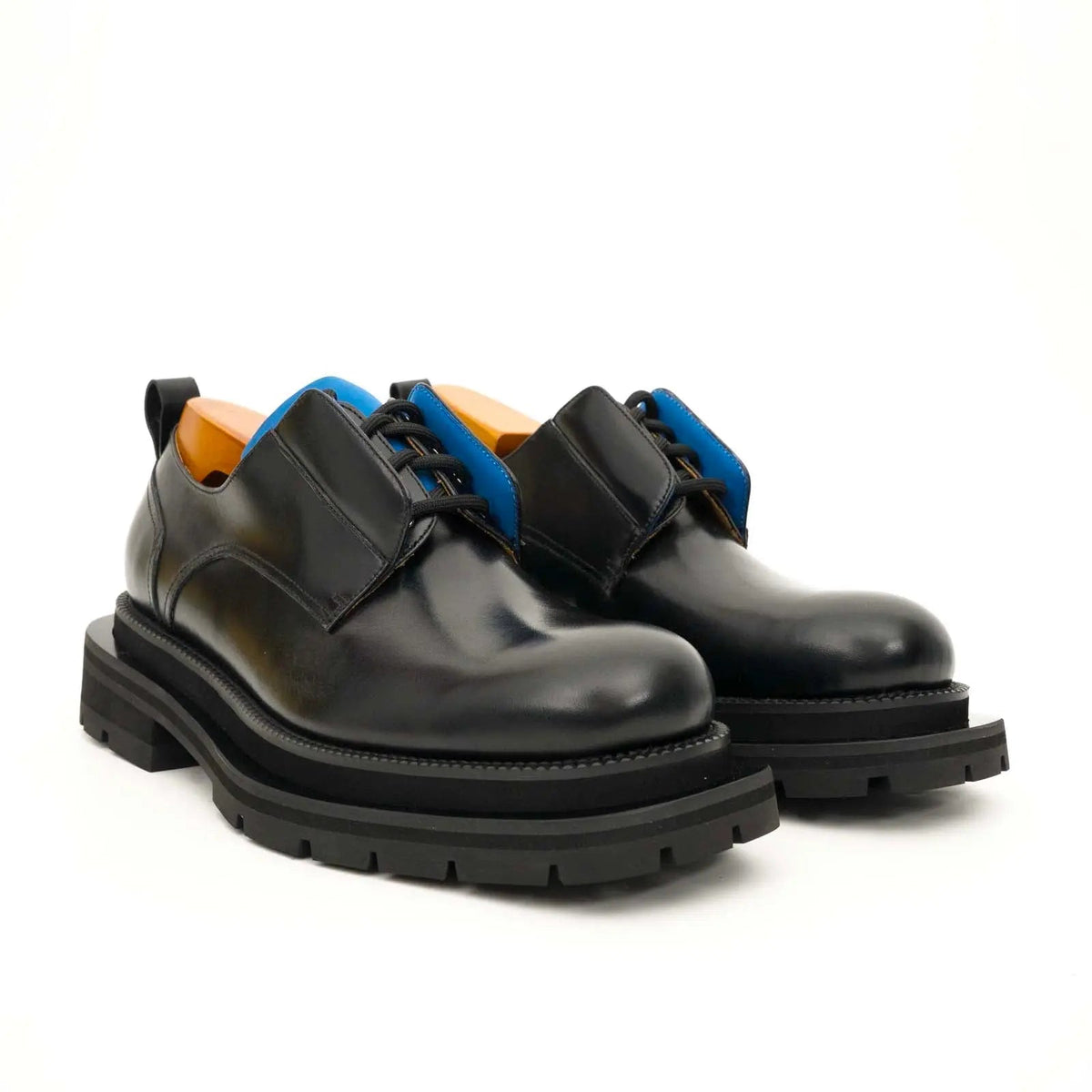 Black Leather Derby Shoes with Blue Lace Detail