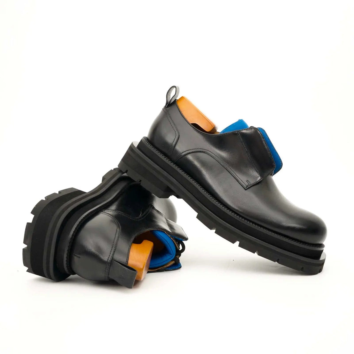 Black Leather Derby Shoes with Blue Lace Detail