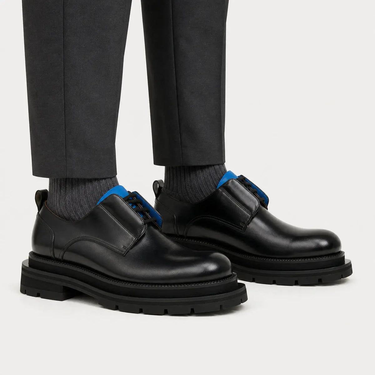 Black Leather Derby Shoes with Blue Lace Detail