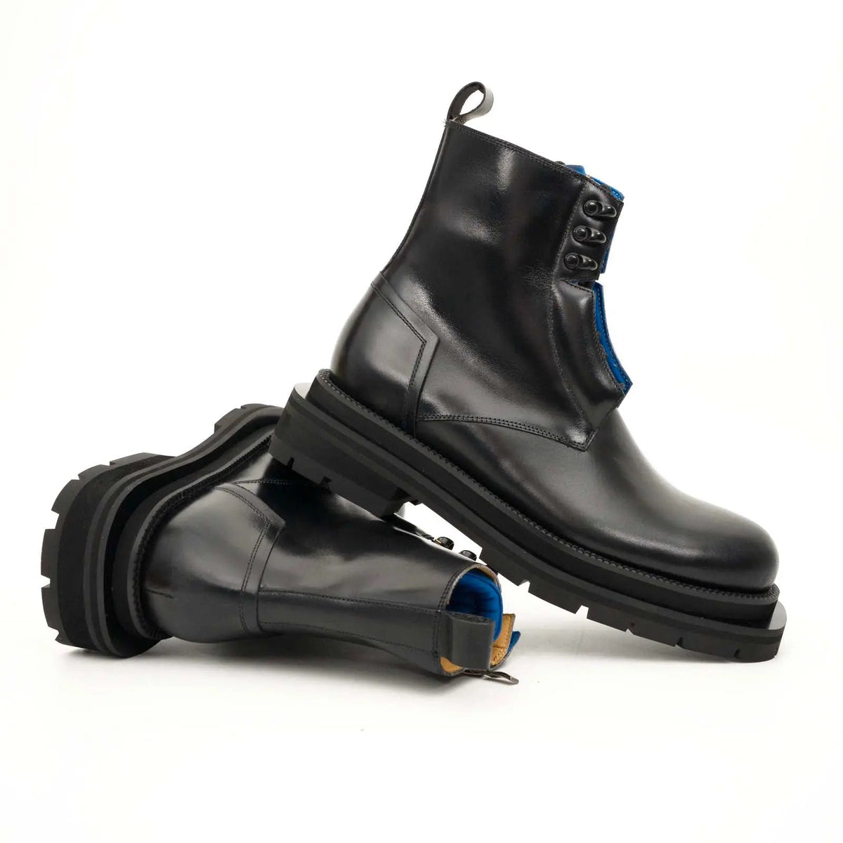 Black Leather Lace-Up Boots with Blue Detail