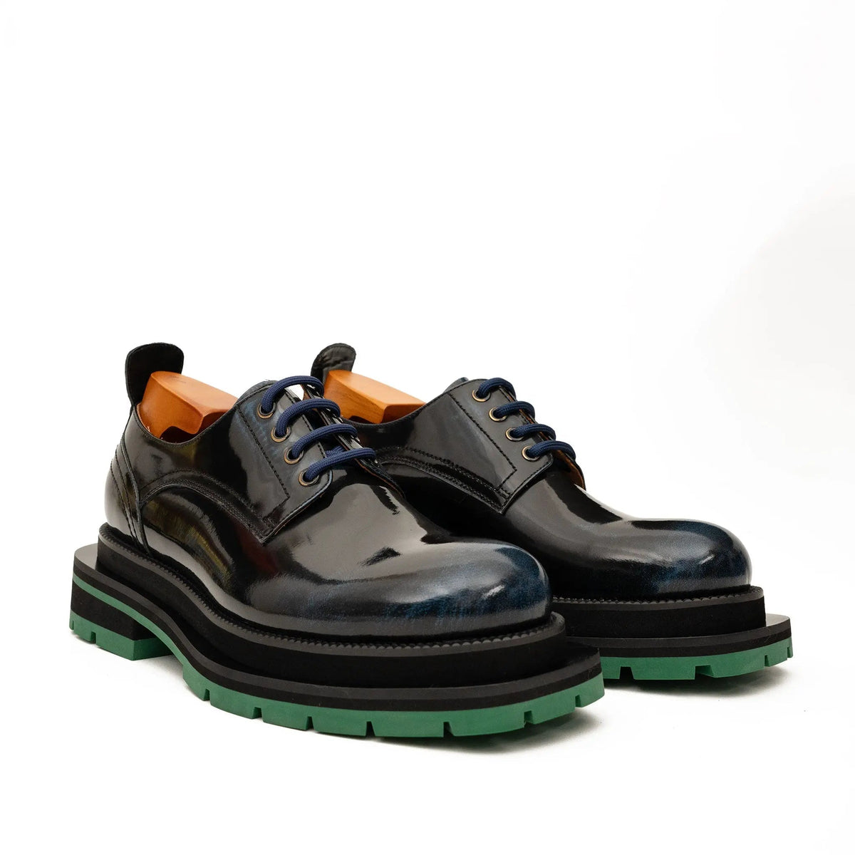 Blue Plain-Toe Calf Leather Derby Shoes