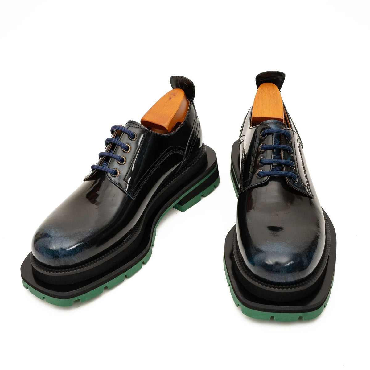 Blue Plain-Toe Calf Leather Derby Shoes