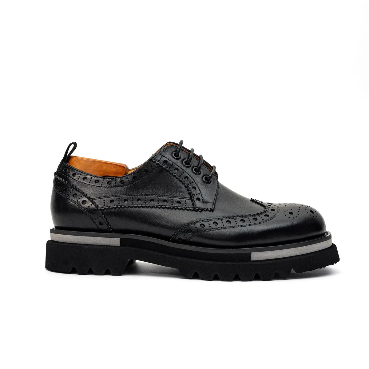Black Wingtip Derby Shoes with Pale Sole Stripe