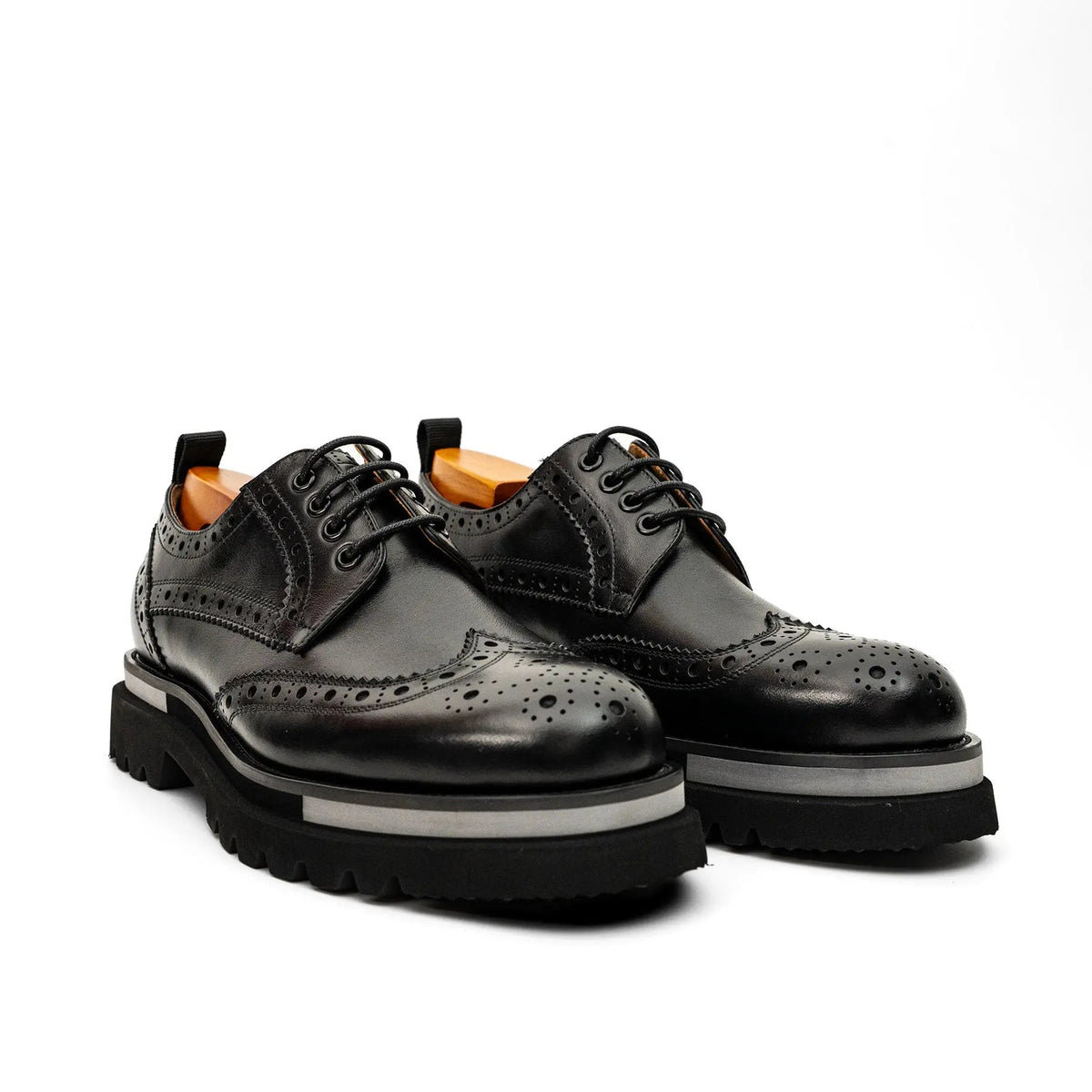 Black Wingtip Derby Shoes with Pale Sole Stripe