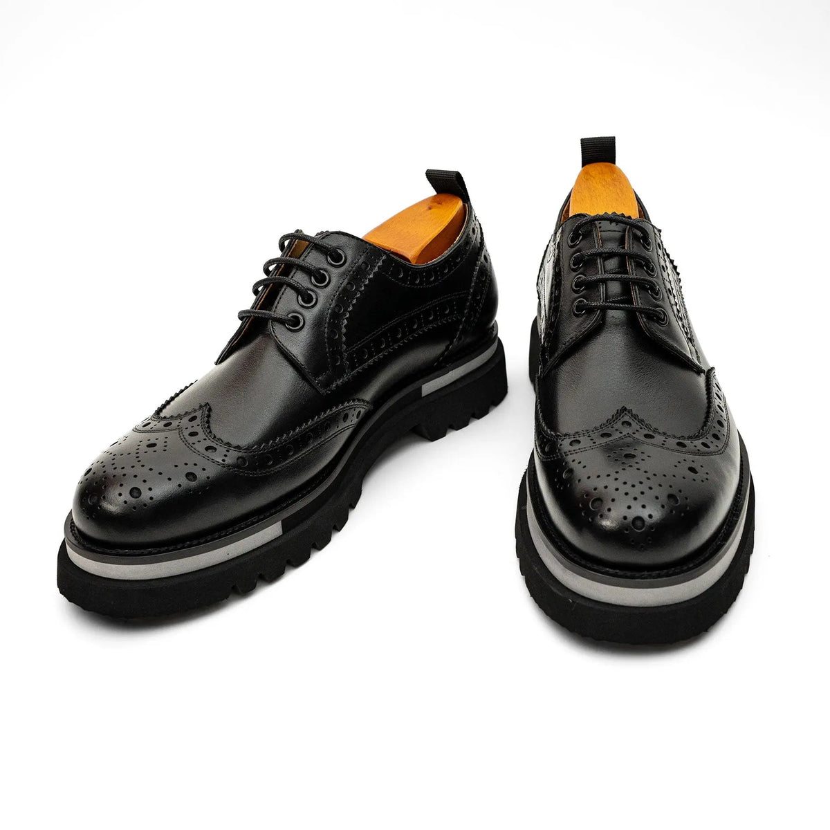 Black Wingtip Derby Shoes with Pale Sole Stripe