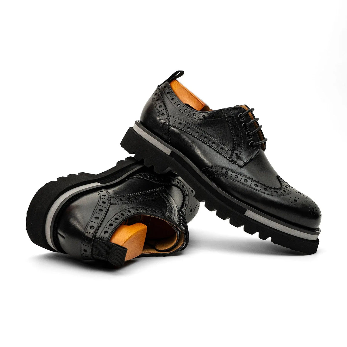 Black Wingtip Derby Shoes with Pale Sole Stripe