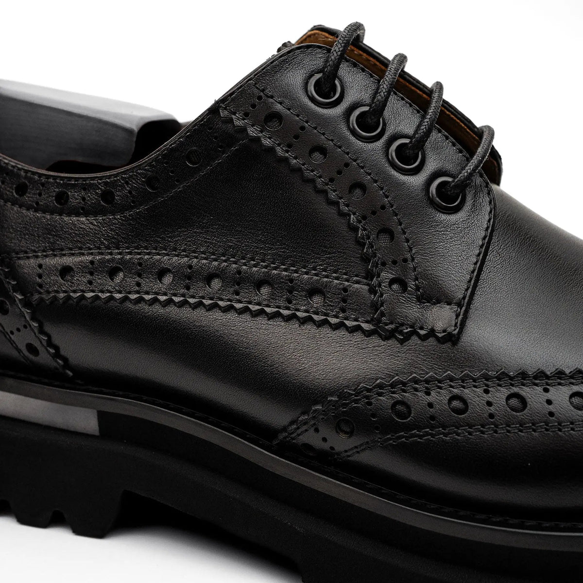 Black Wingtip Derby Shoes with Pale Sole Stripe