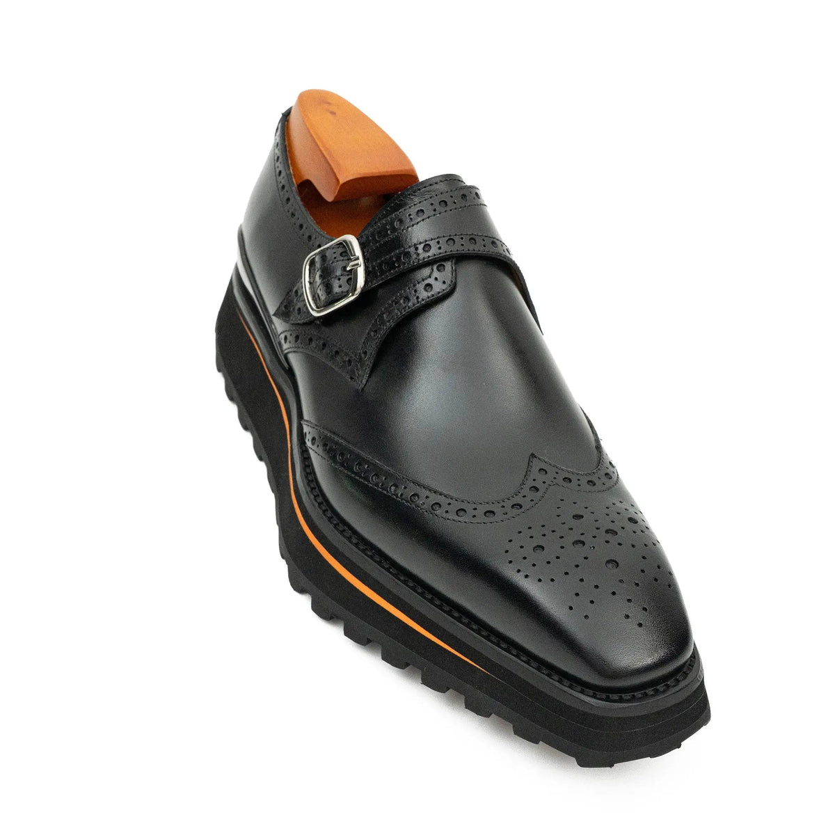 Black Wingtip Single-Monk Shoes with Orange Sole Trim
